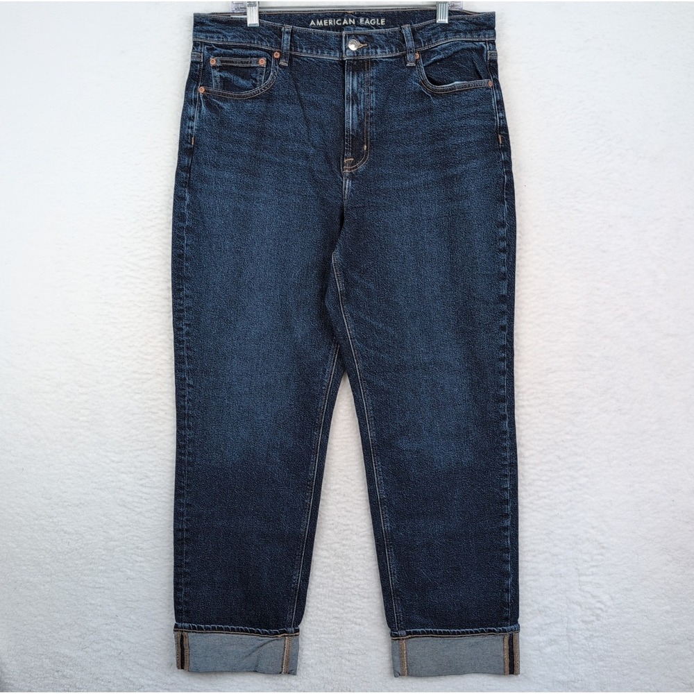 American Eagle Super High Rise Straight Jeans‎ Women's Size 14 Blue Denim Cuffed